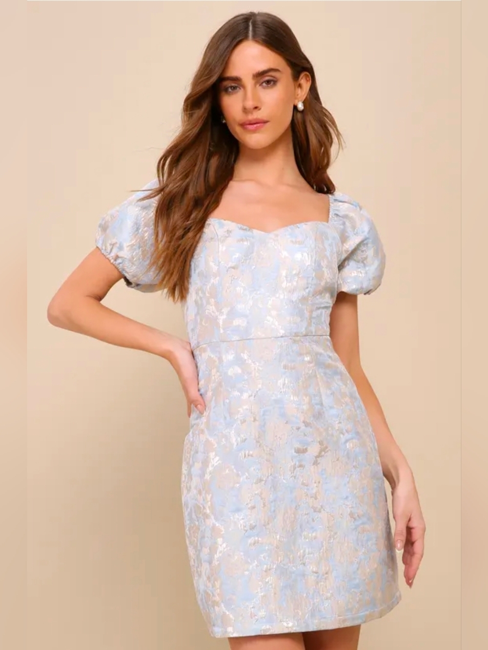 Lulu's Light Blue and Gold Jacquard Puff Sleeve Mini Dress